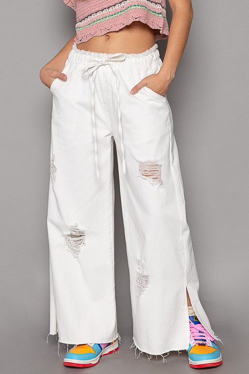Del Mar Wide Leg Distressed Pants - alldeserved.com
