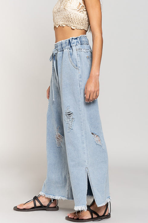 Del Mar Wide Leg Distressed Pants - alldeserved.com