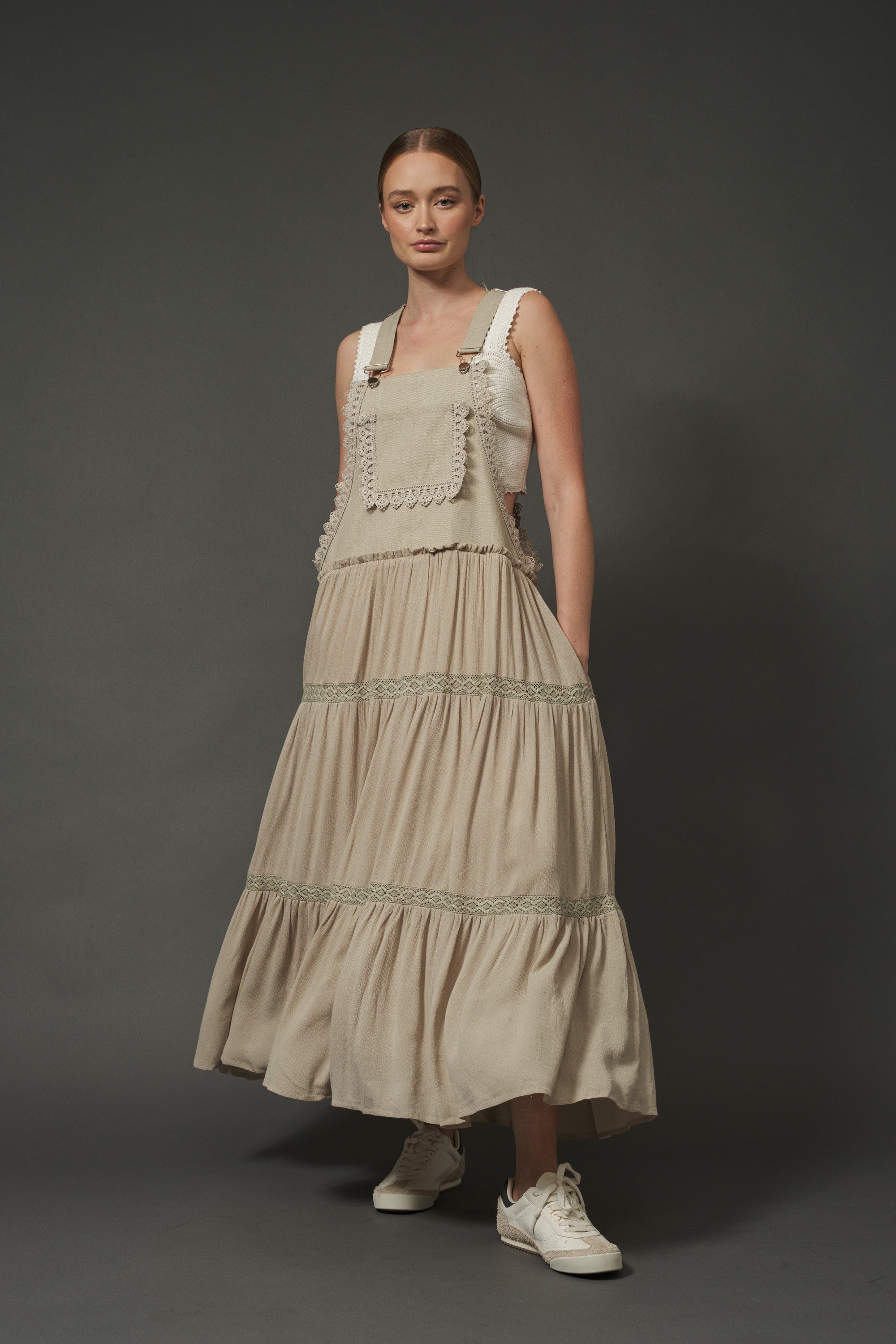 Willow Tiered Overall Dress Beige | All Deserved Large Willow Tiered Overall Dress Beige | All Deserved Large