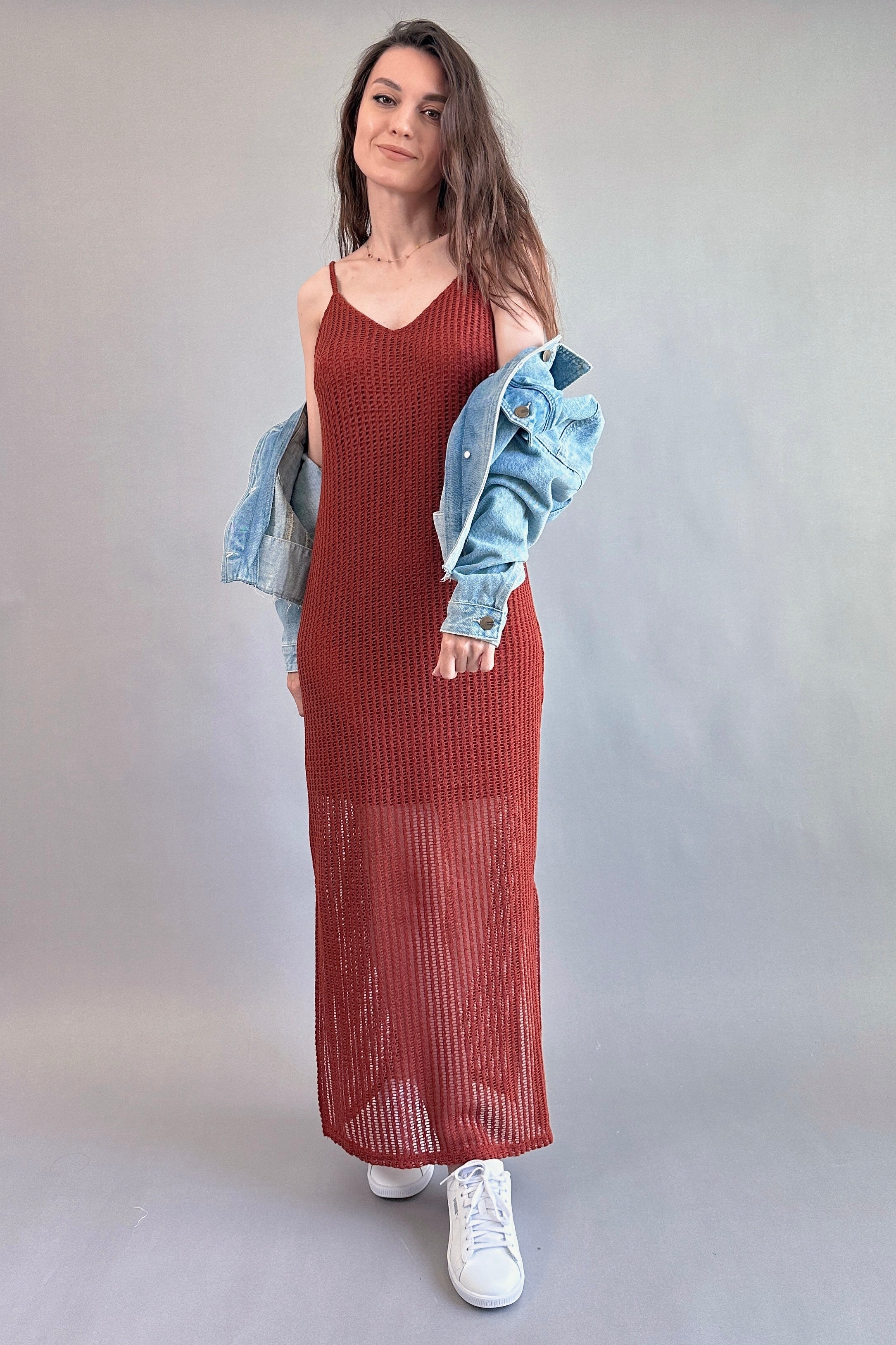 Celeste Lined Mesh Long Dress Brick Red | All Deserved Small Celeste Lined Mesh Long Dress Brick Red | All Deserved Small