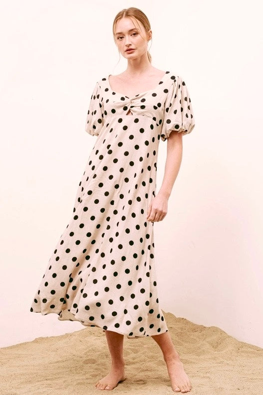 Bianca A-line Polka Dot Midi Dress Beige/Black | All Deserved Large Bianca A-line Polka Dot Midi Dress Beige/Black | All Deserved Large