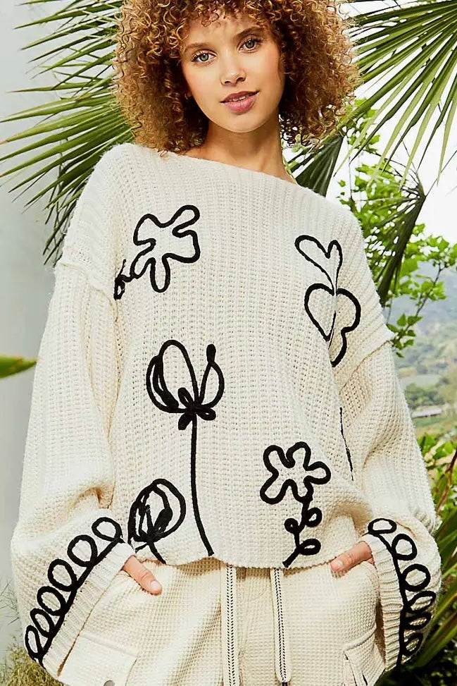 Contrast Yarn Floral Sweater - alldeserved.com