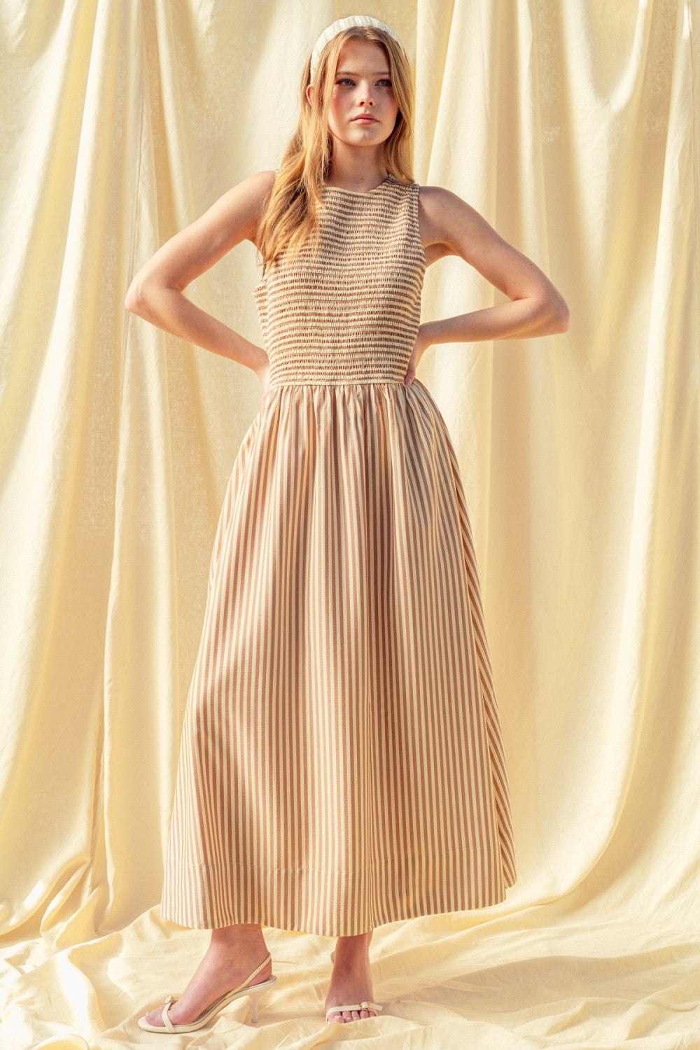 Darcy Smocked Stripe Maxi Dress with Pockets – Brown –