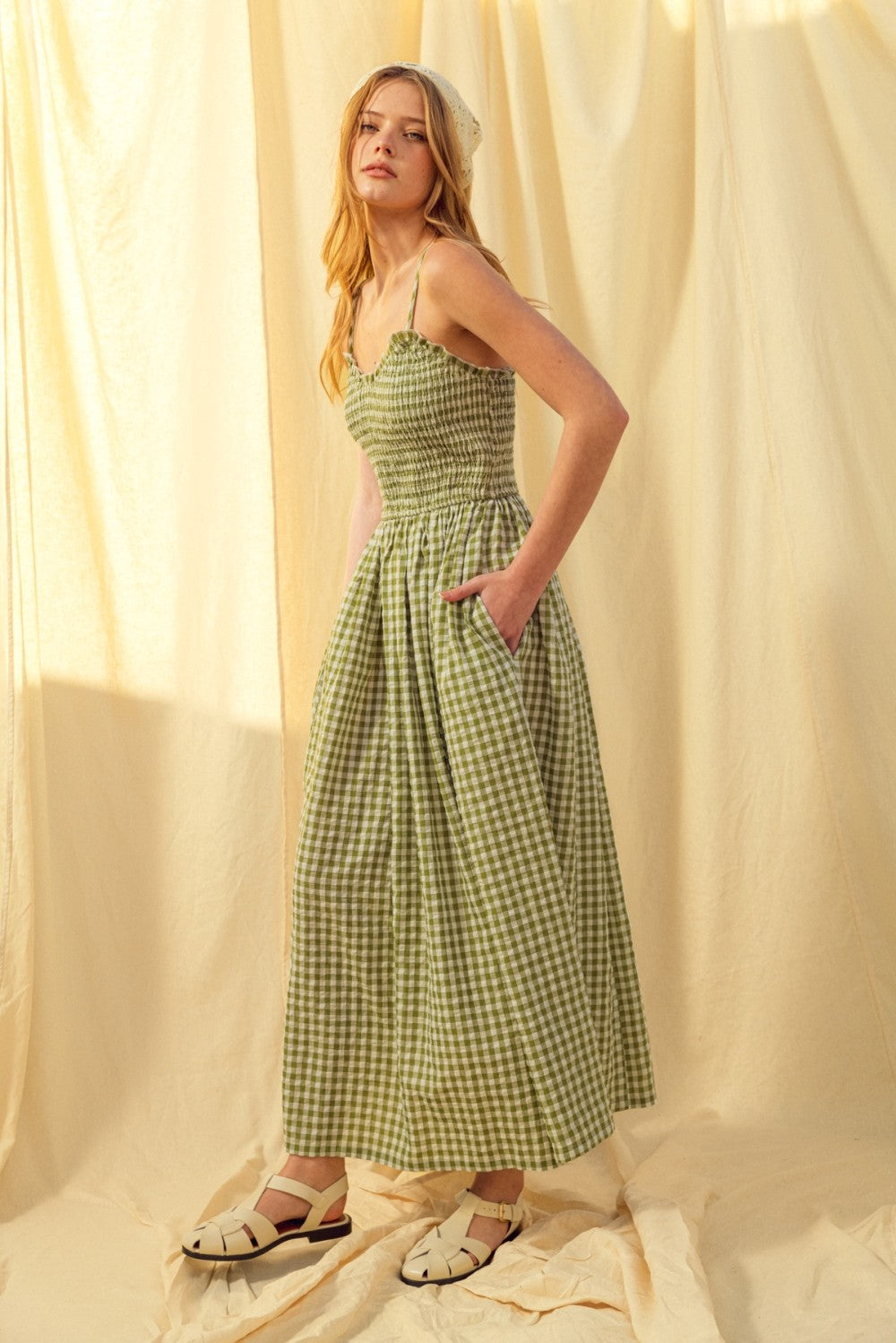 Smocked Cotton Gingham Maxi Dress with Pockets – Green Small