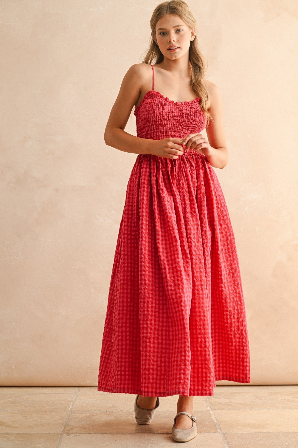 Smocked Cotton Gingham Maxi Dress - Red Cherry