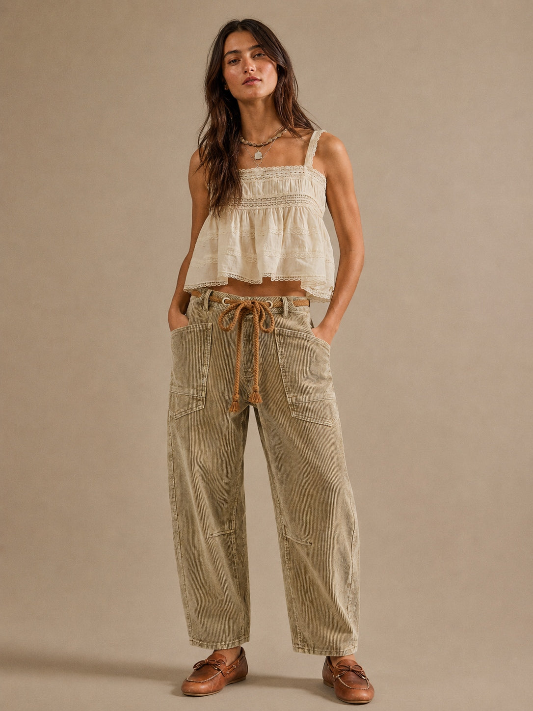 Moxie Corduroy Barrel Jeans in Camel - front view