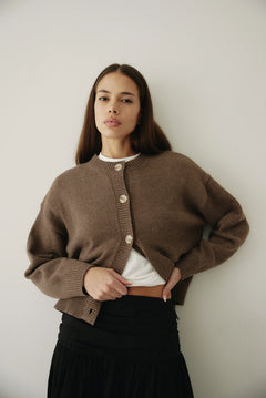 Hayes Crew Neck Button-Down Cardigan - Mocha
