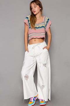 Del Mar Wide Leg Distressed Pants - alldeserved.com