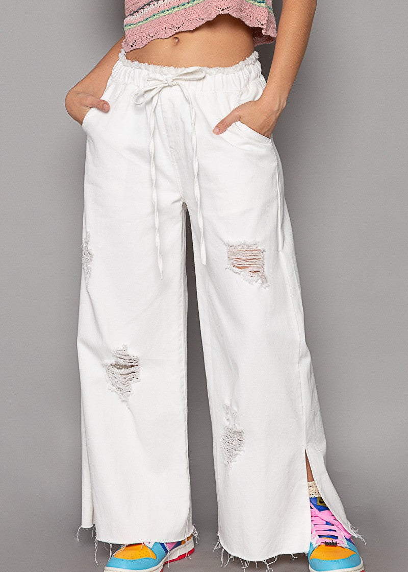 Del Mar Wide Leg Distressed Pants - alldeserved.com