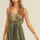 Pleated Gold Metallic Midi Dress