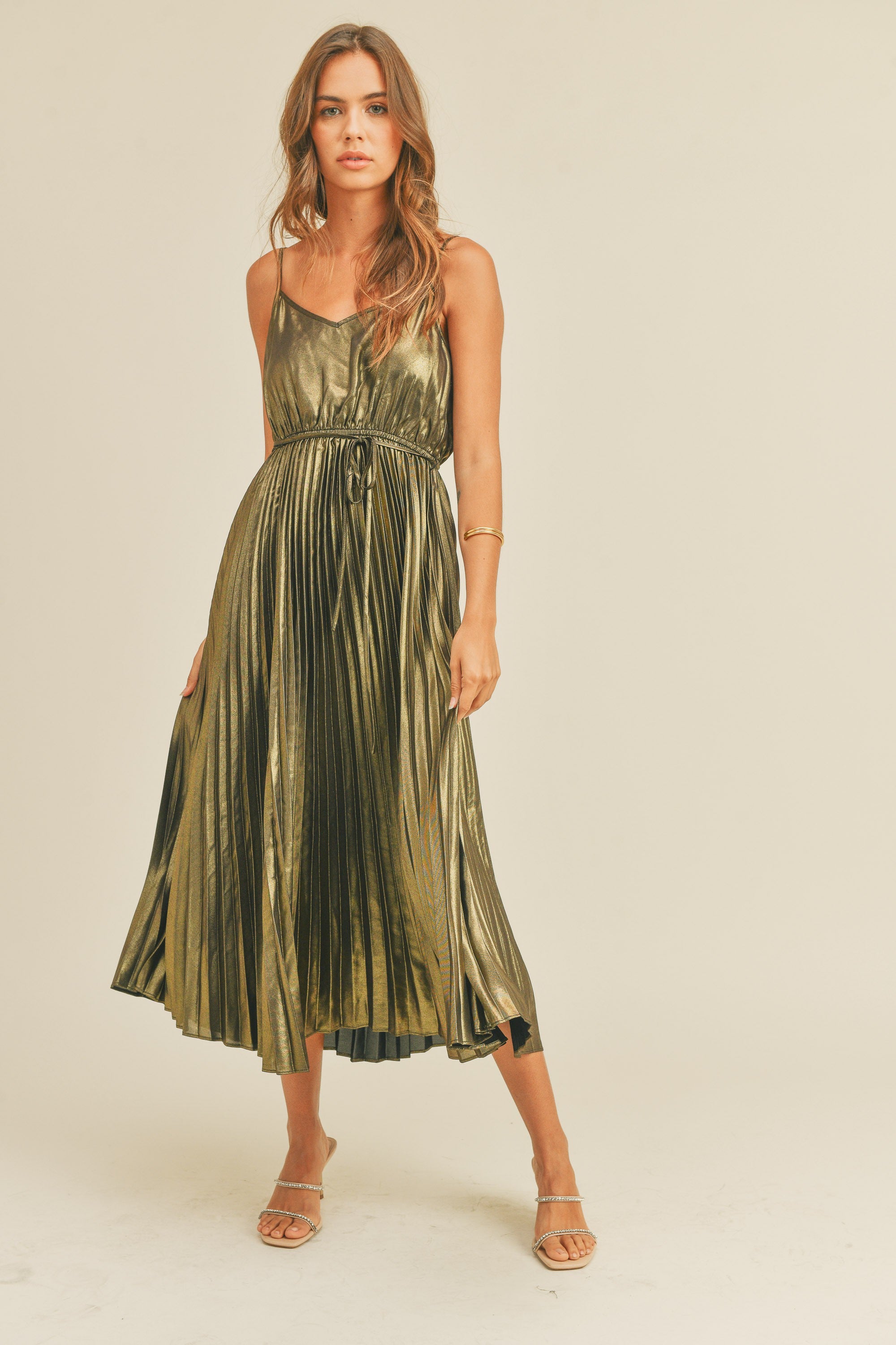 Pleated Gold Metallic Midi Dress