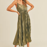 Pleated Gold Metallic Midi Dress
