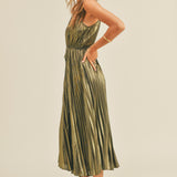 Pleated Gold Metallic Midi Dress