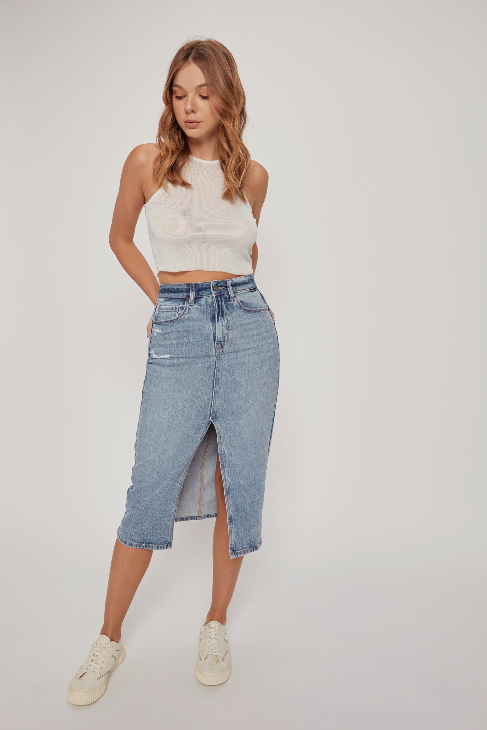 Chicago Denim Skirt with Front Slit - alldeserved.com