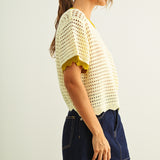Scalloped Mesh Knit Short Sleeve Top - Cream/Lemongrass