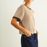 Scalloped Mesh Knit Short Sleeve Top - Tan/Olive
