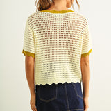 Scalloped Mesh Knit Short Sleeve Top - Cream/Lemongrass
