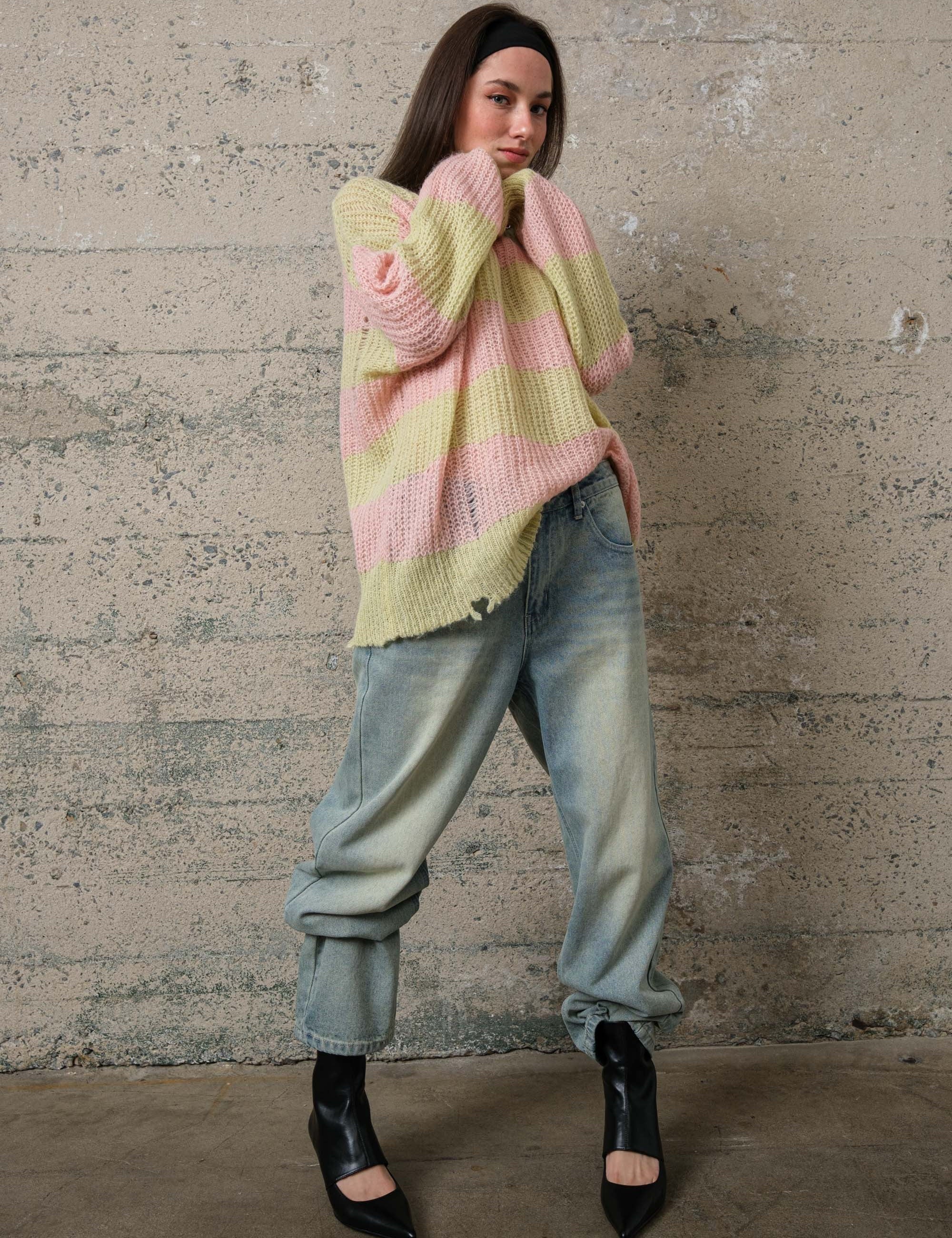 COZY Stripe Distressed Loose Pullover Sweater - alldeserved.com