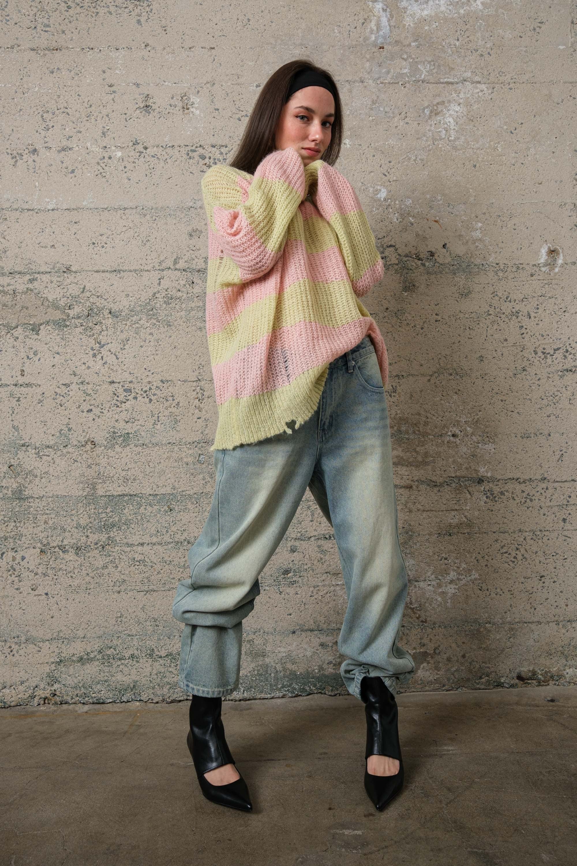 COZY Stripe Distressed Loose Pullover Sweater - alldeserved.com