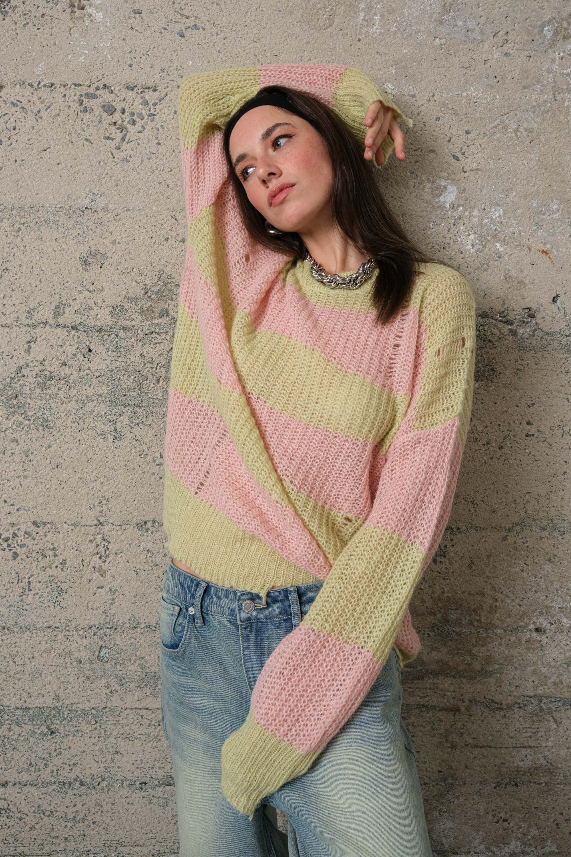 COZY Stripe Distressed Loose Pullover Sweater - alldeserved.com