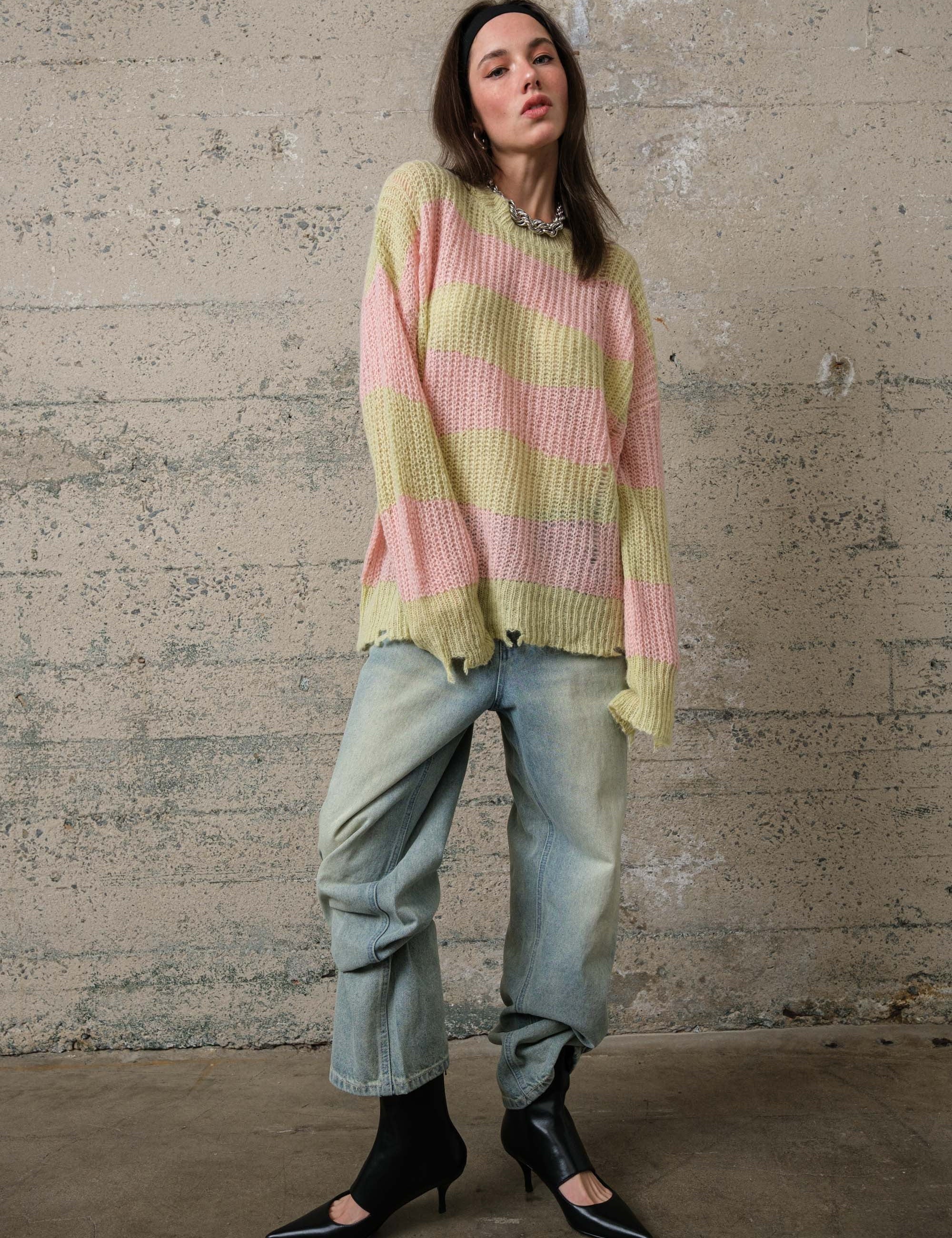 COZY Stripe Distressed Loose Pullover Sweater - alldeserved.com