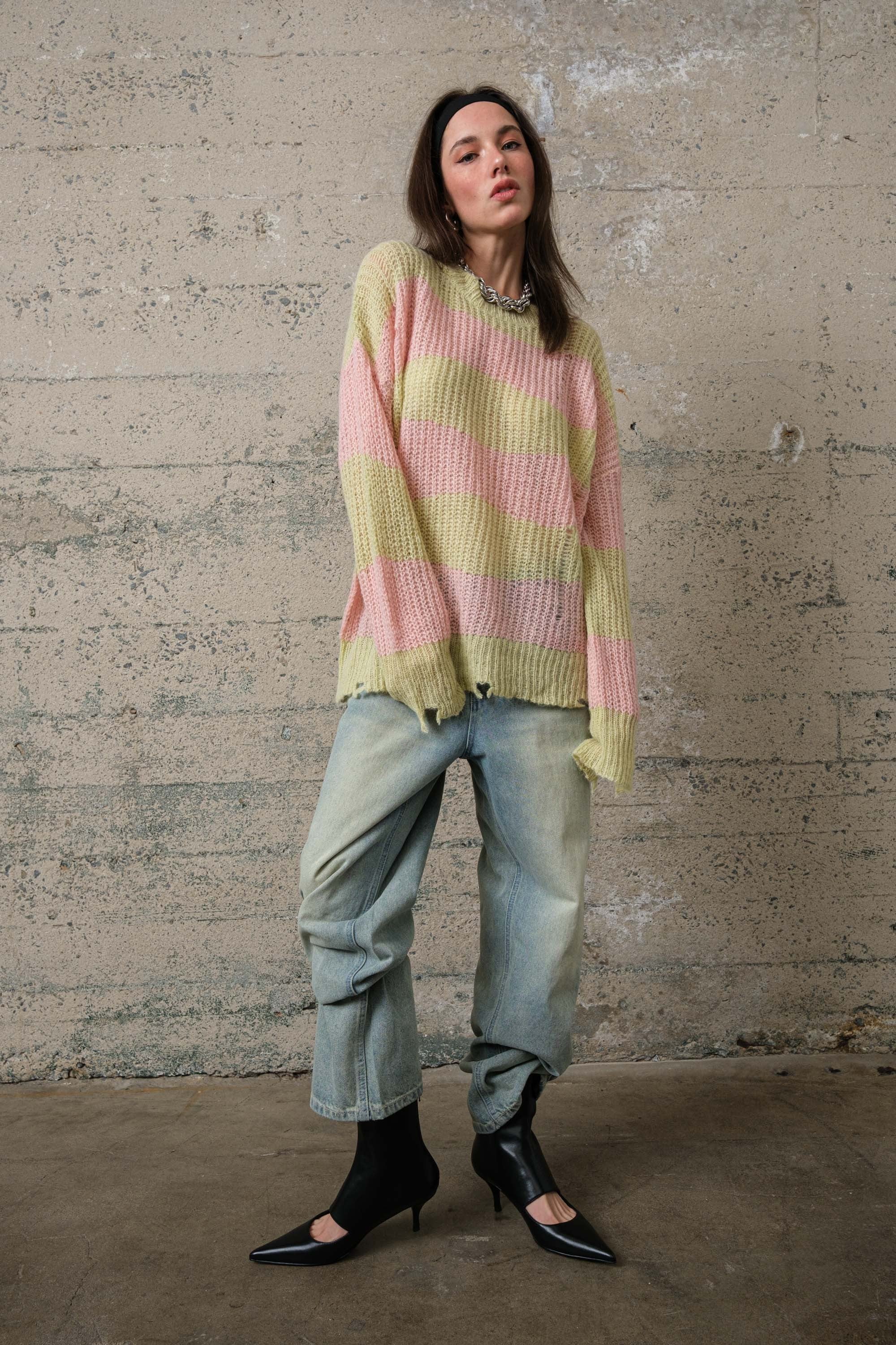 COZY Stripe Distressed Loose Pullover Sweater - alldeserved.com