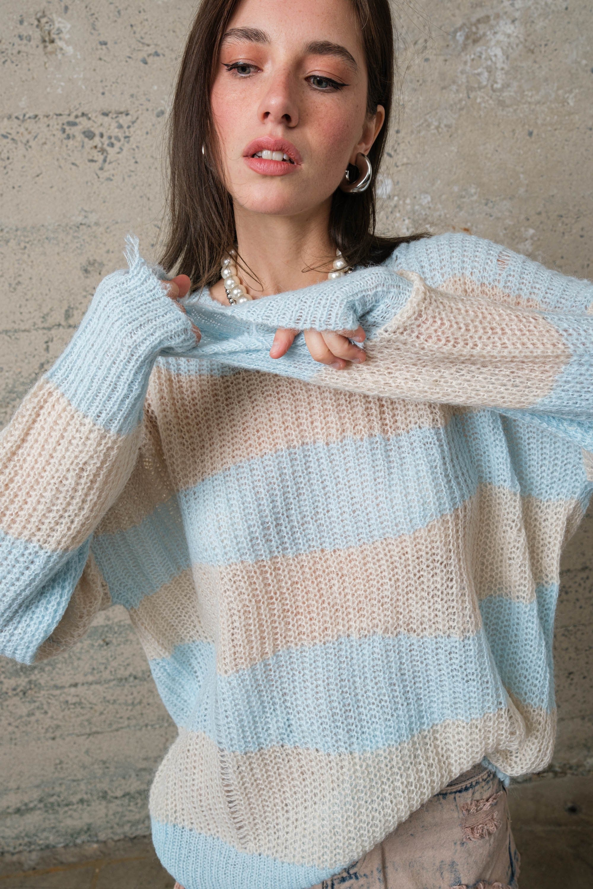 Crochet Striped Distressed Sweater COZY Distressed Loose Pullover