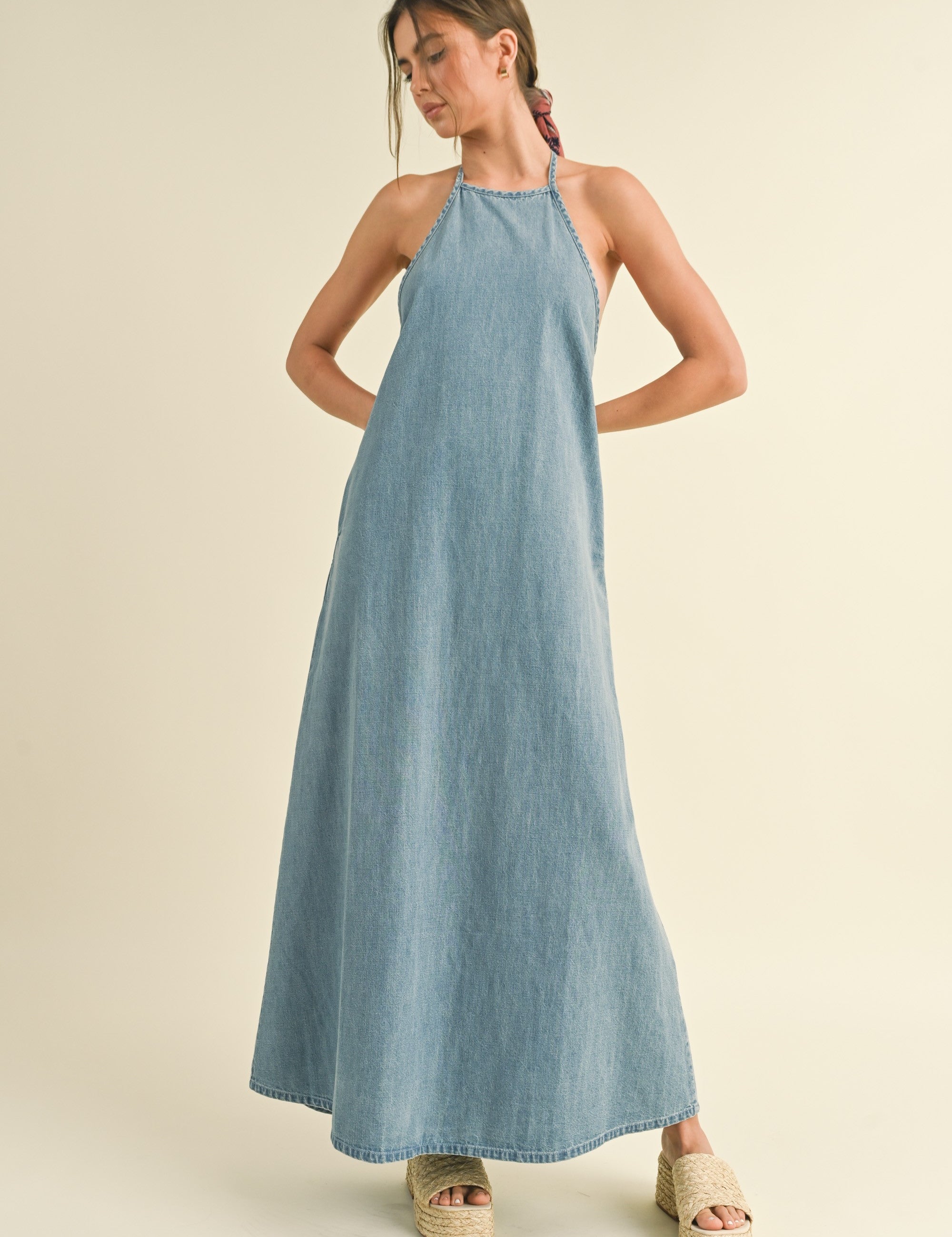Elliot Backless A-Line Denim Maxi Dress - alldeserved.com