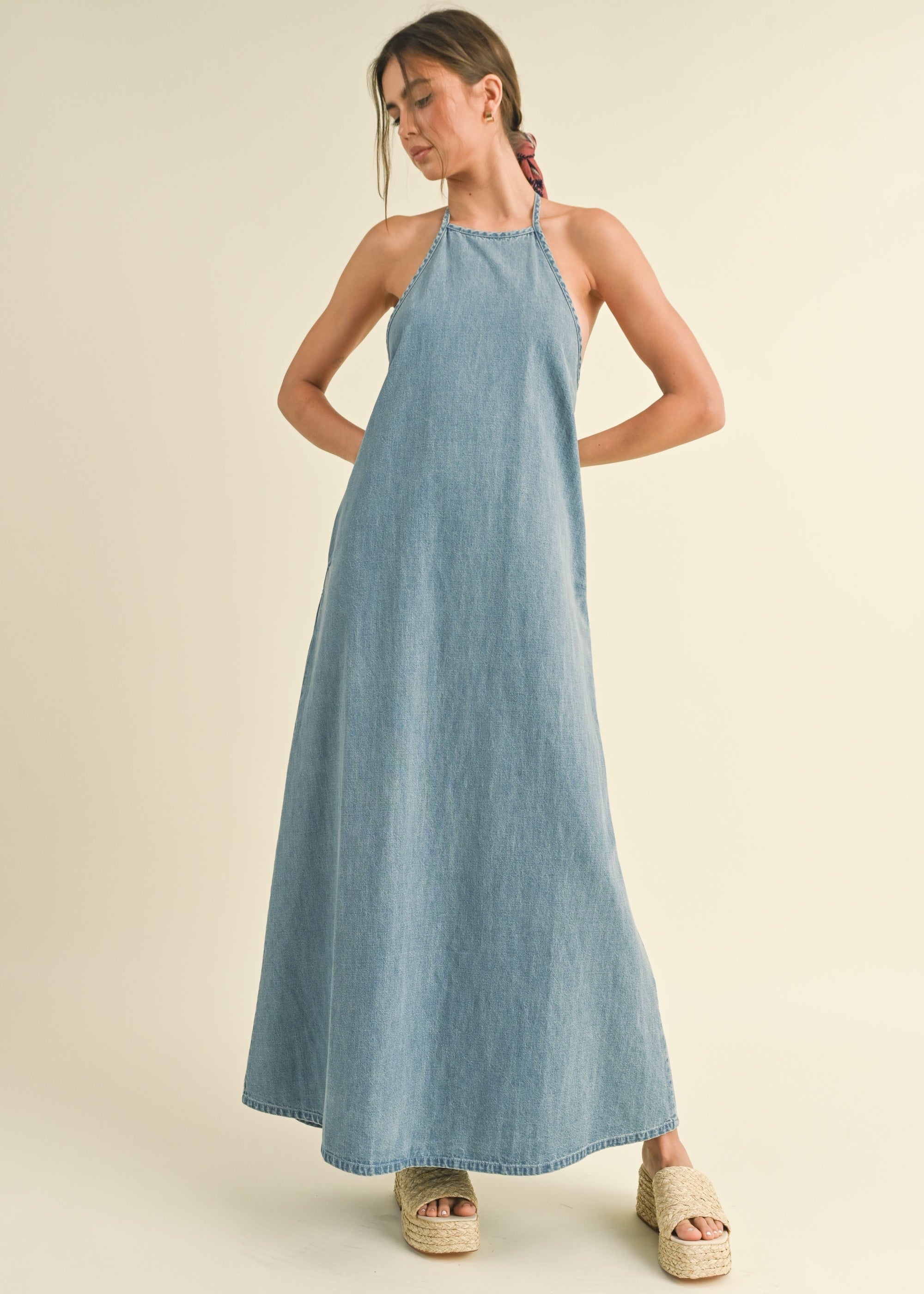 Elliot Backless A-Line Denim Maxi Dress - alldeserved.com