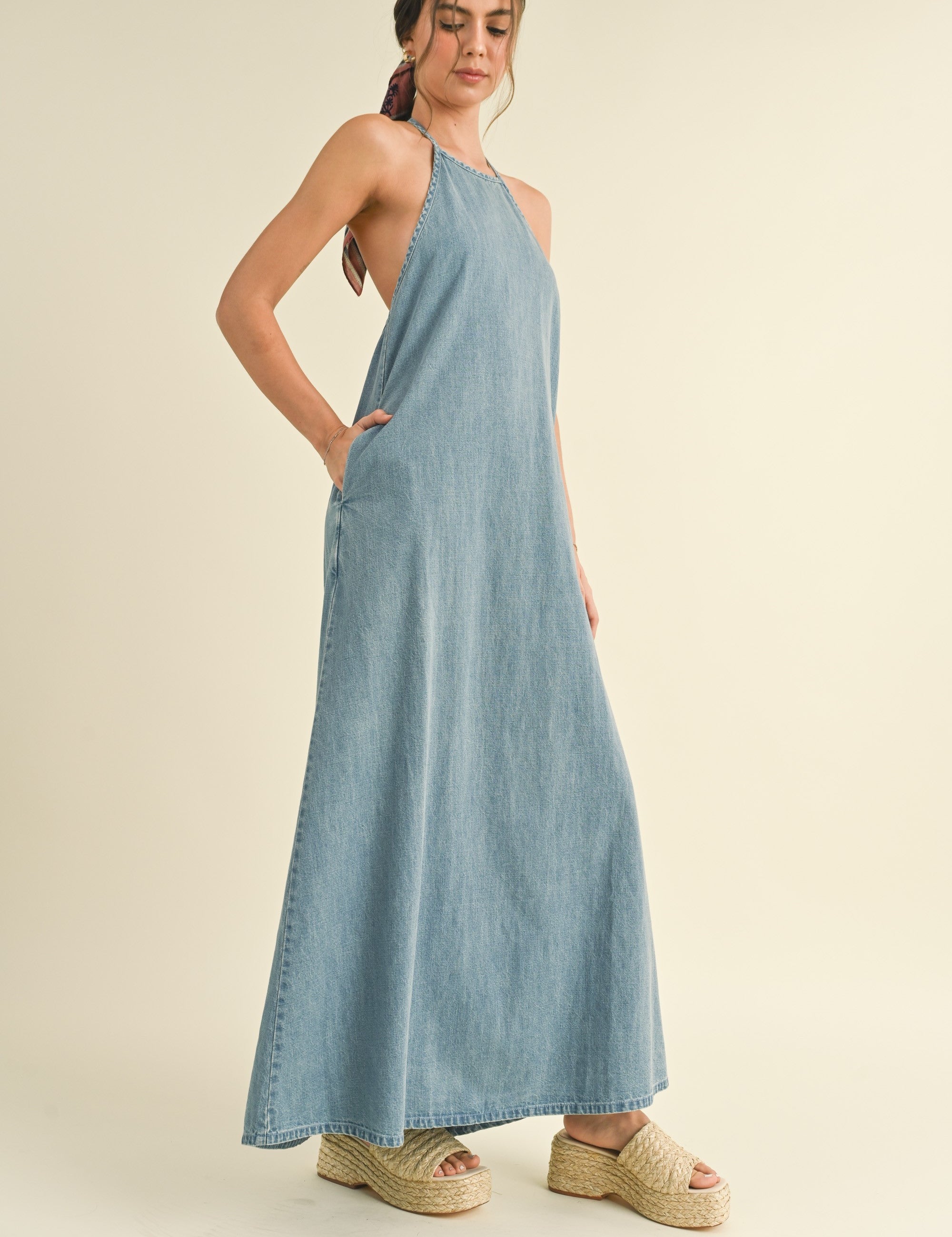 Elliot Backless A-Line Denim Maxi Dress - alldeserved.com