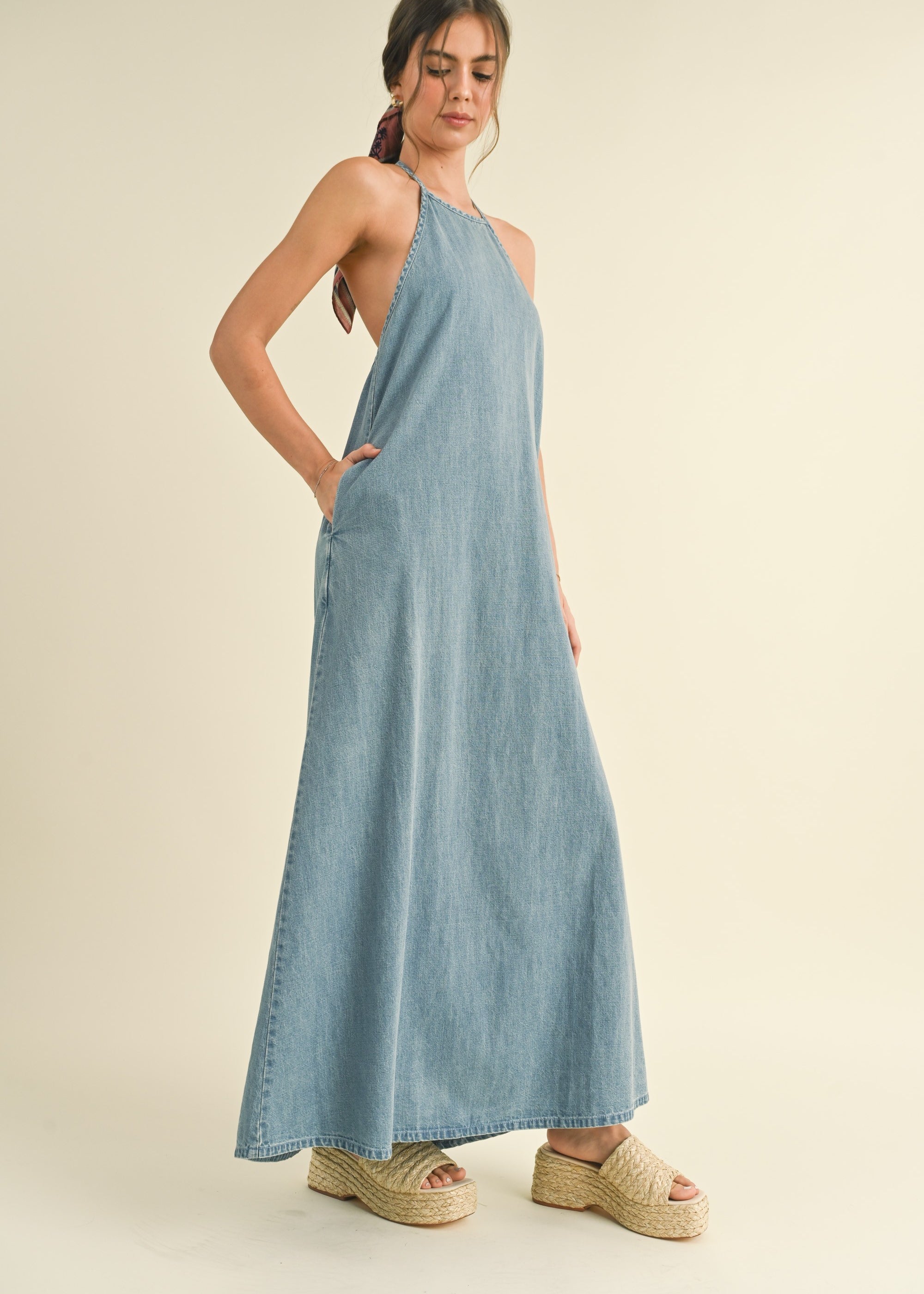 Elliot Backless A-Line Denim Maxi Dress - alldeserved.com
