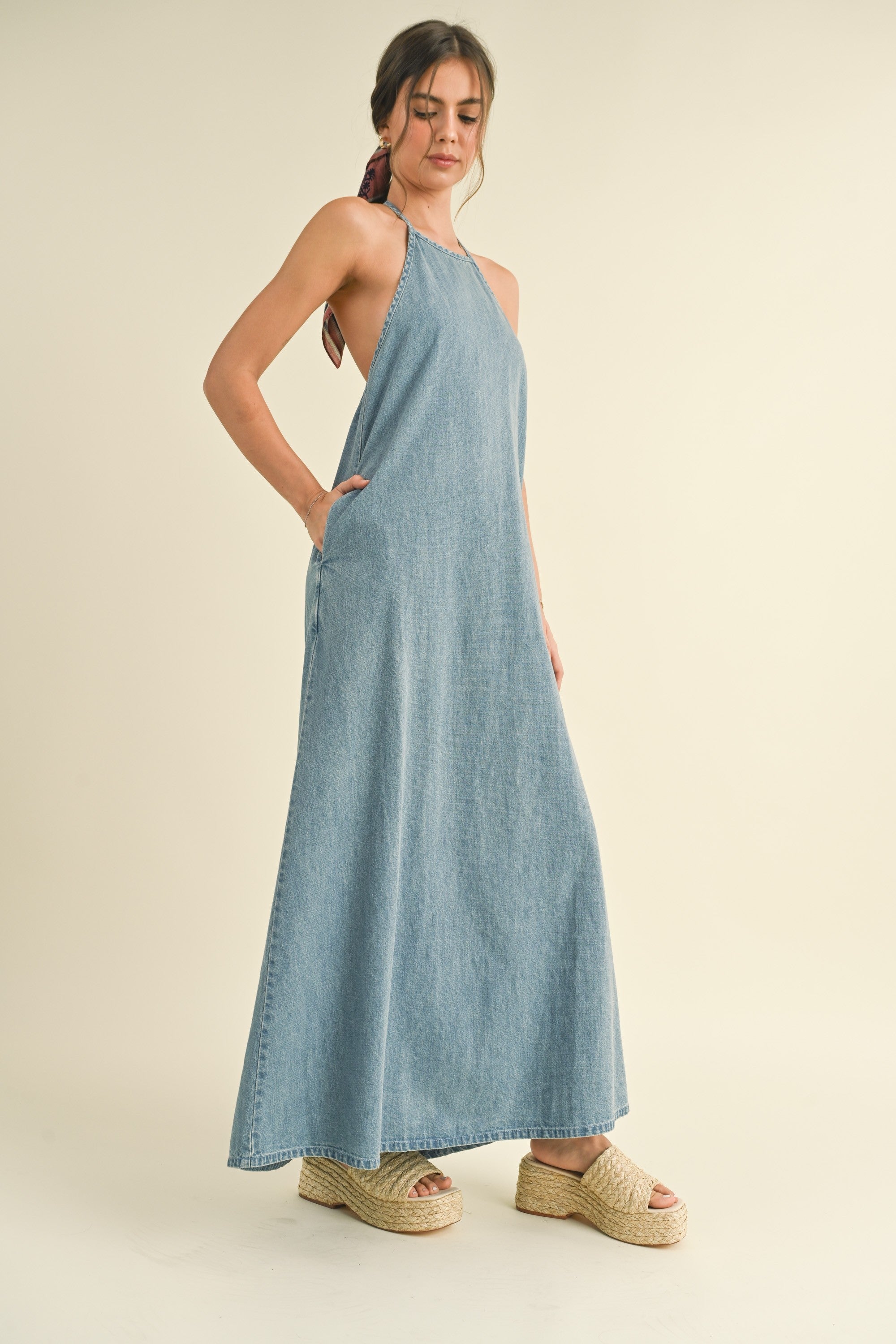 Elliot Backless A-Line Denim Maxi Dress - alldeserved.com