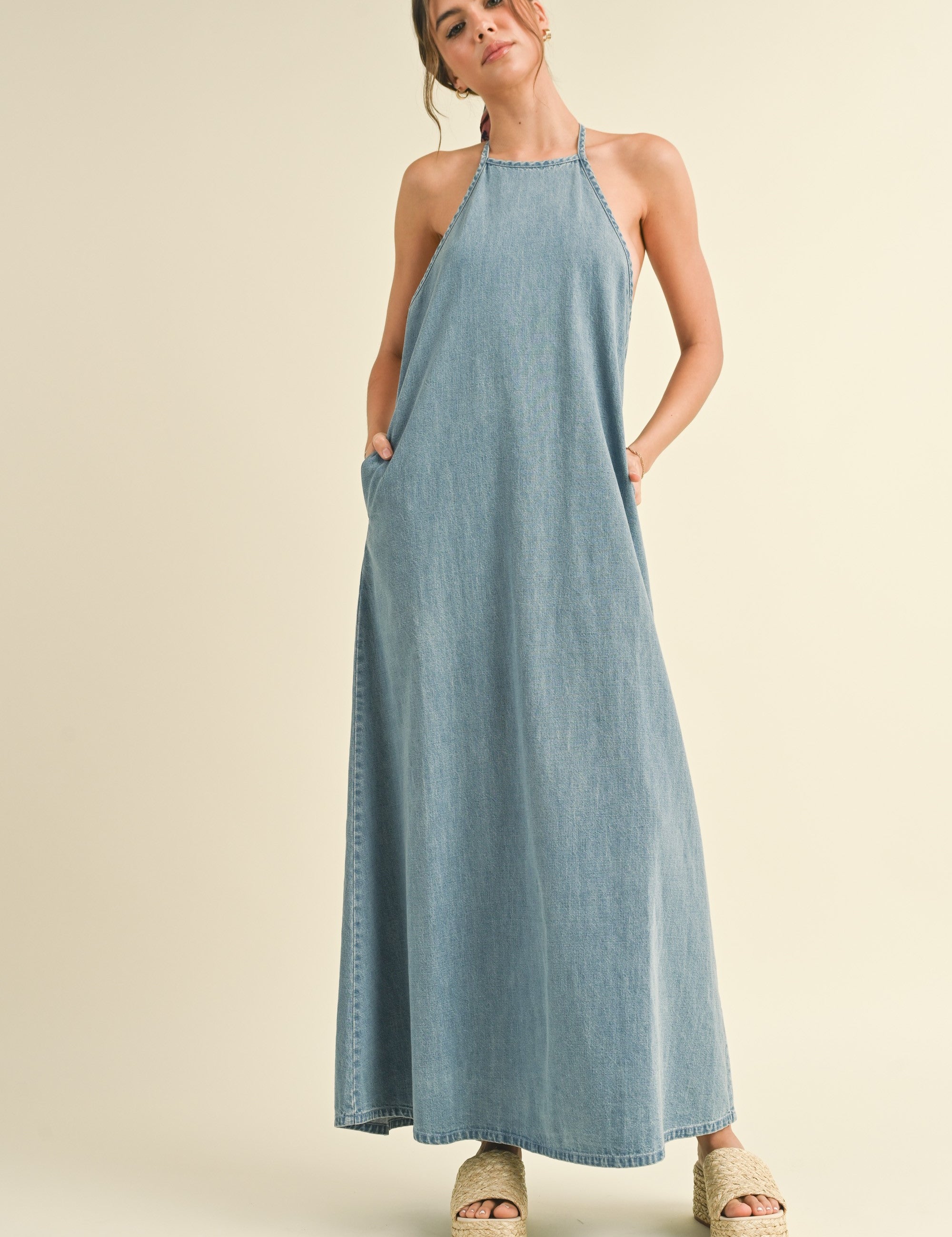 Elliot Backless A-Line Denim Maxi Dress - alldeserved.com