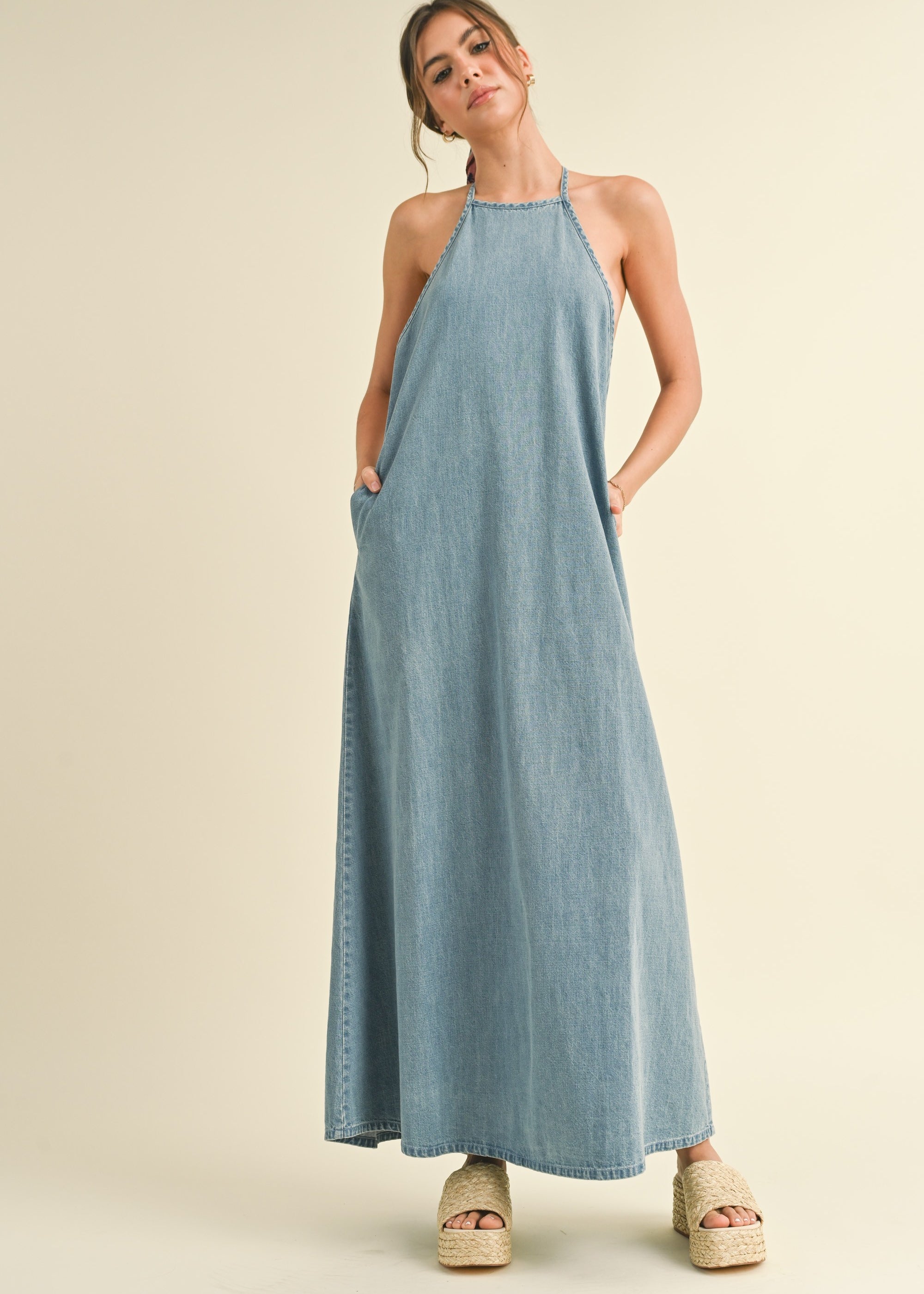 Elliot Backless A-Line Denim Maxi Dress - alldeserved.com