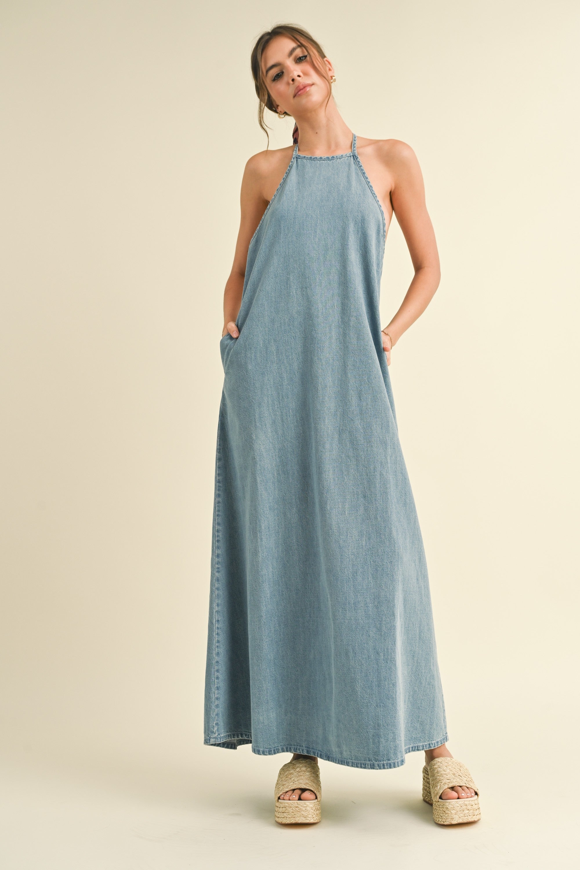 Elliot Backless A-Line Denim Maxi Dress - alldeserved.com
