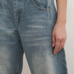 Close-up of Good Luck Barrel Jeans in Washed Denim - front view