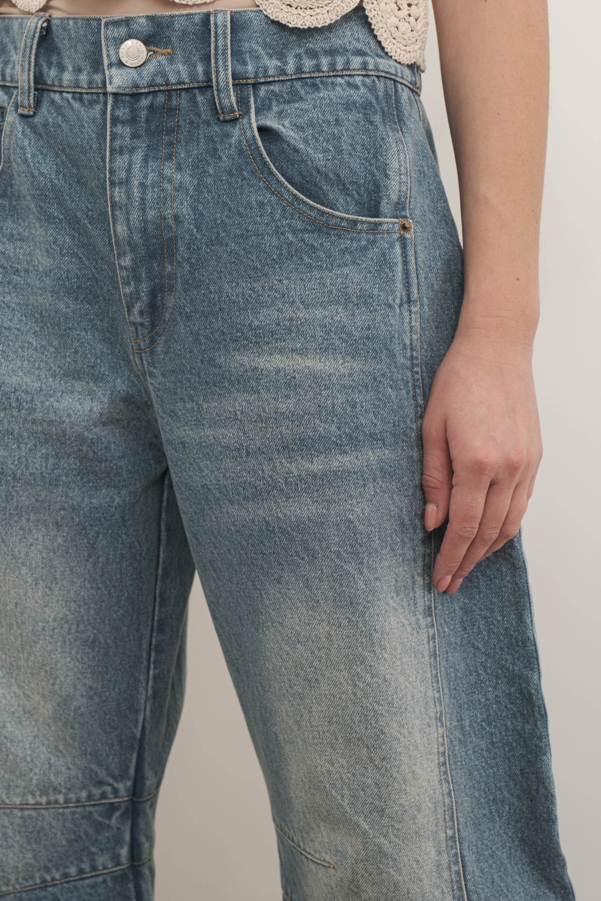 Close-up of Good Luck Barrel Jeans in Washed Denim - front view