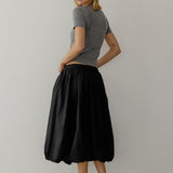 Cotton Poplin Bubble-Hem Midi Skirt- Black
