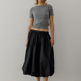 Cotton Poplin Bubble-Hem Midi Skirt- Black