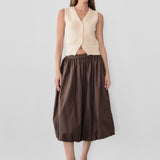 Cotton Poplin Bubble-Hem Midi Skirt- Brown