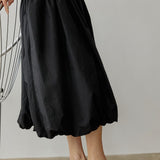 Cotton Poplin Bubble-Hem Midi Skirt- Black