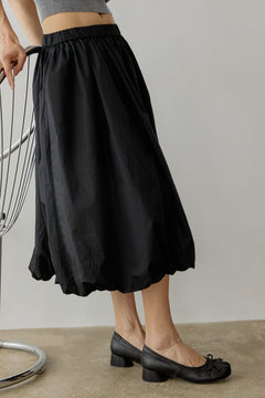 Cotton Poplin Bubble-Hem Midi Skirt- Black