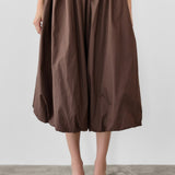 Cotton Poplin Bubble-Hem Midi Skirt- Brown
