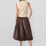 Cotton Poplin Bubble-Hem Midi Skirt- Brown