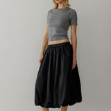 Cotton Poplin Bubble-Hem Midi Skirt- Black