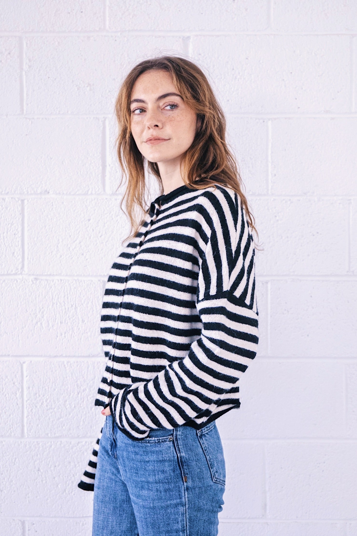 Hailey Button Down Cardigan - Ivory/Black striped