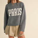 Women’s Paris Graphic Sweater in Gray with bold PARIS lettering