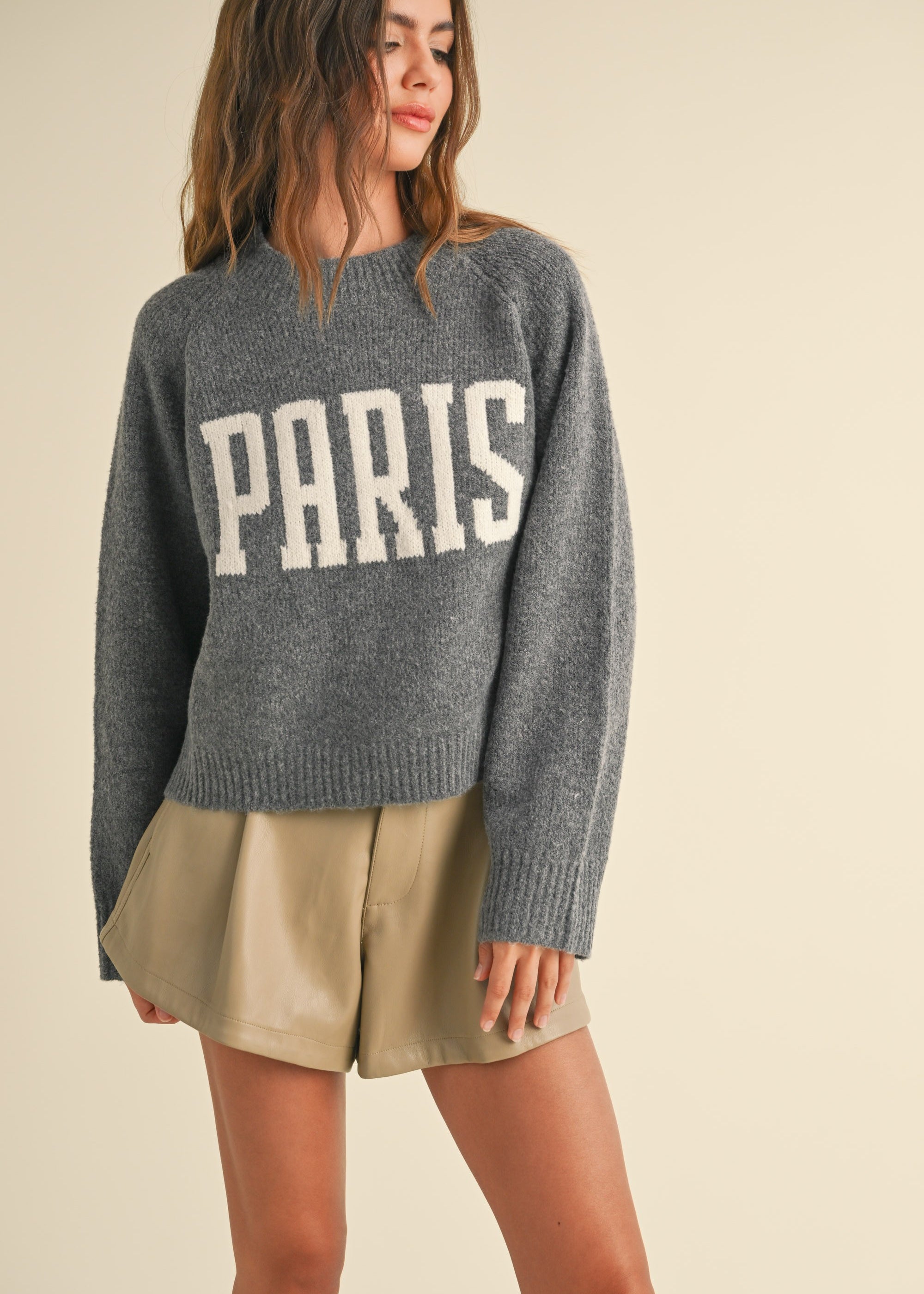 Women’s Paris Graphic Sweater in Gray with bold PARIS lettering