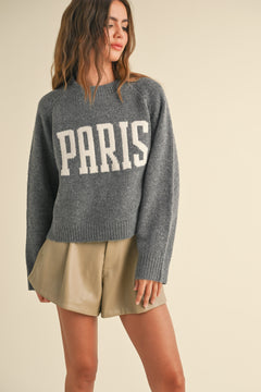 Women’s Paris Graphic Sweater in Gray with bold PARIS lettering