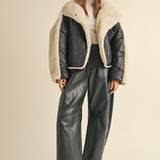 Cozy Shearling Collar Quilted Puffer Jacket - Black/Tan